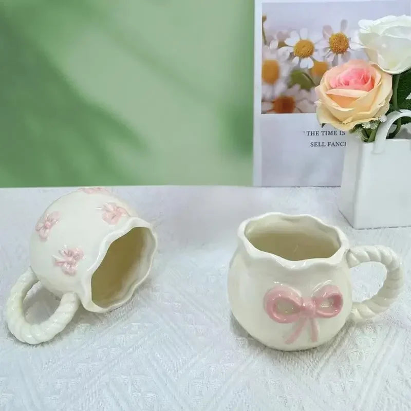 Ins-style girly girl hand-held bowknot coffee cup, afternoon tea ceramic cup, cute mug
