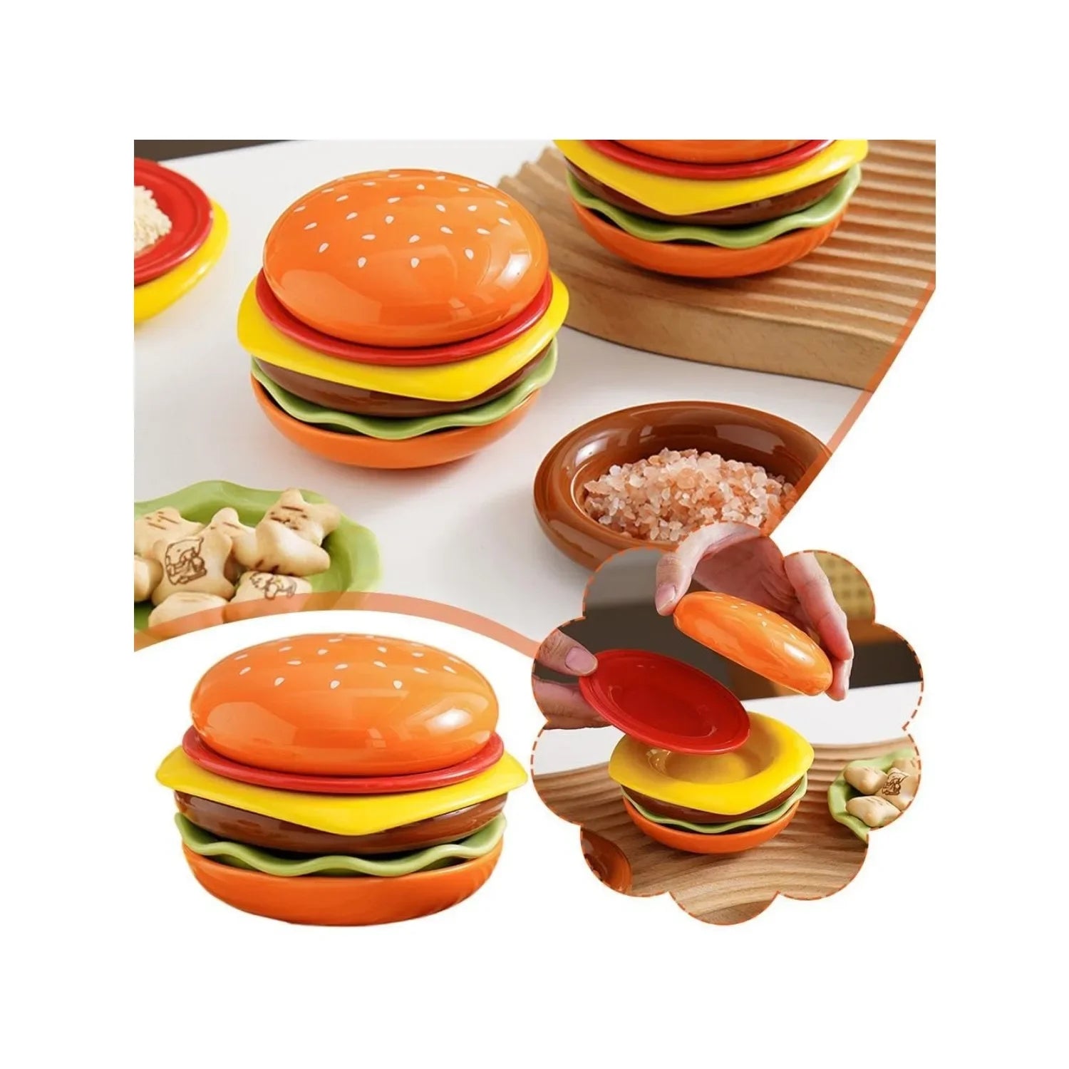 Stackable Burger Set – 6-layer mini ceramic plates for sauce, sushi dip & snacks, cute gift for burger lovers
