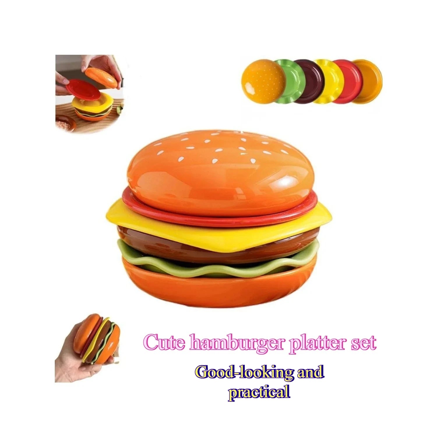 Stackable Burger Set – 6-layer mini ceramic plates for sauce, sushi dip & snacks, cute gift for burger lovers