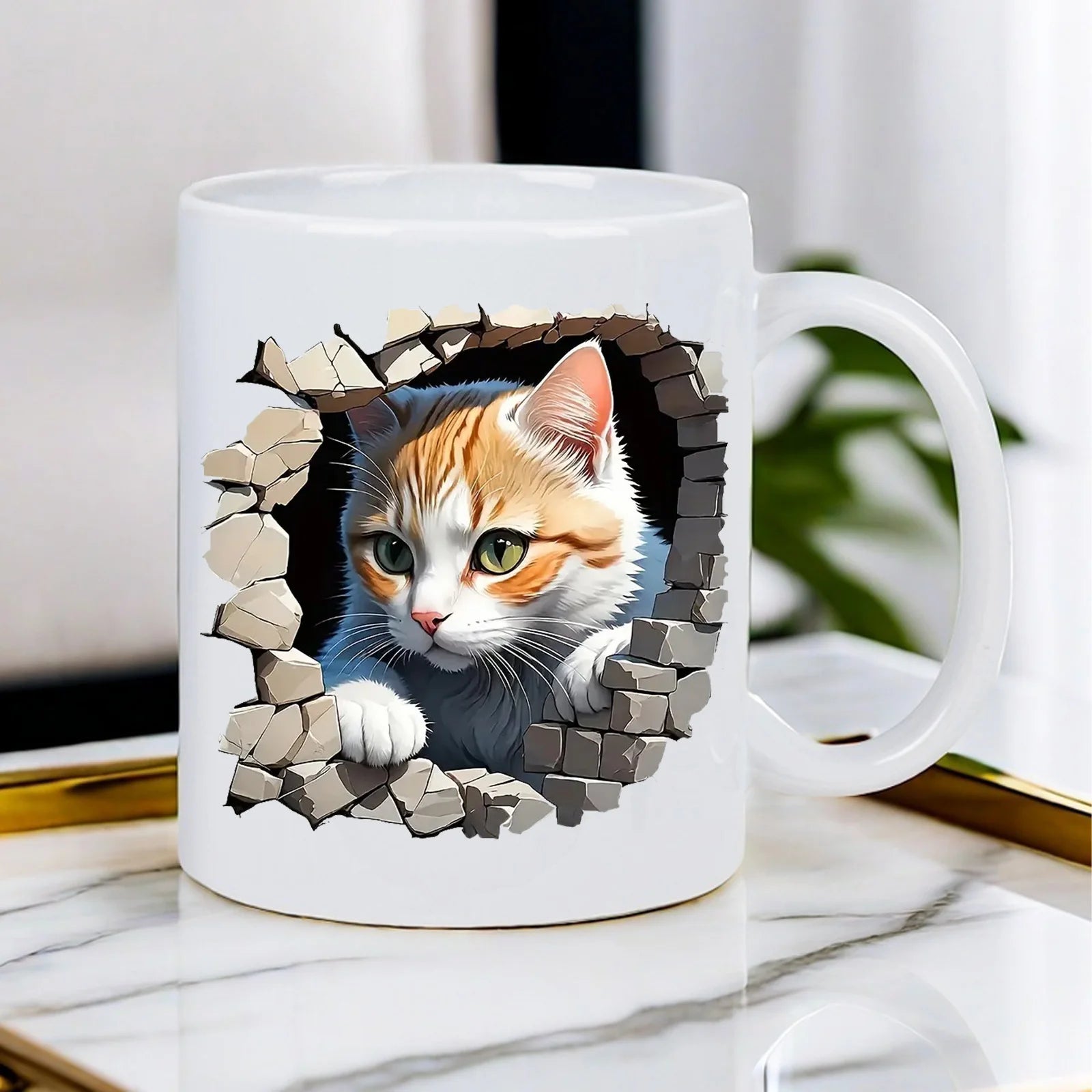 Whimsical Cat Escape White Ceramic Mug with Adorable Kitten Design - Artistic Novelty & Tea Cup, Dishwasher Safe (for hand washi